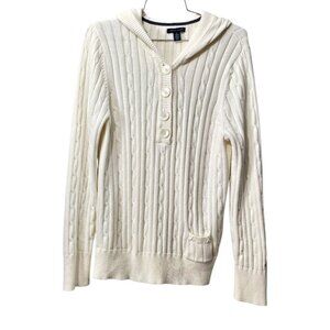 Tommy Hilfiger Chunk Knit 3/4 Button Ivory Cotton Hooded Sweater